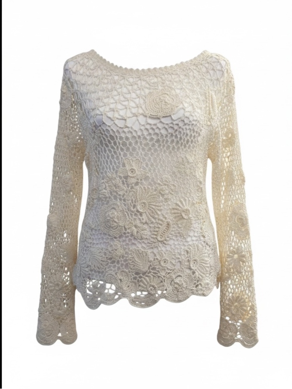 Ralph Lauren Purple Label Cream Crochet Lace Long-Sleeve Sweater